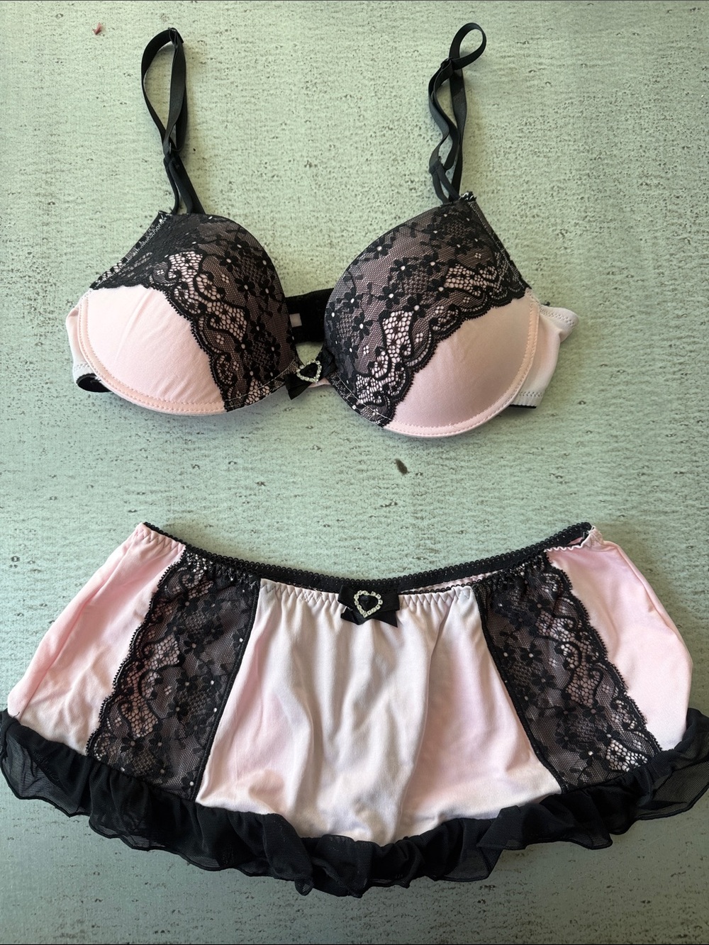Native Intimates Pink and Black Lace Push-Up Bra & Mini Skirt Set